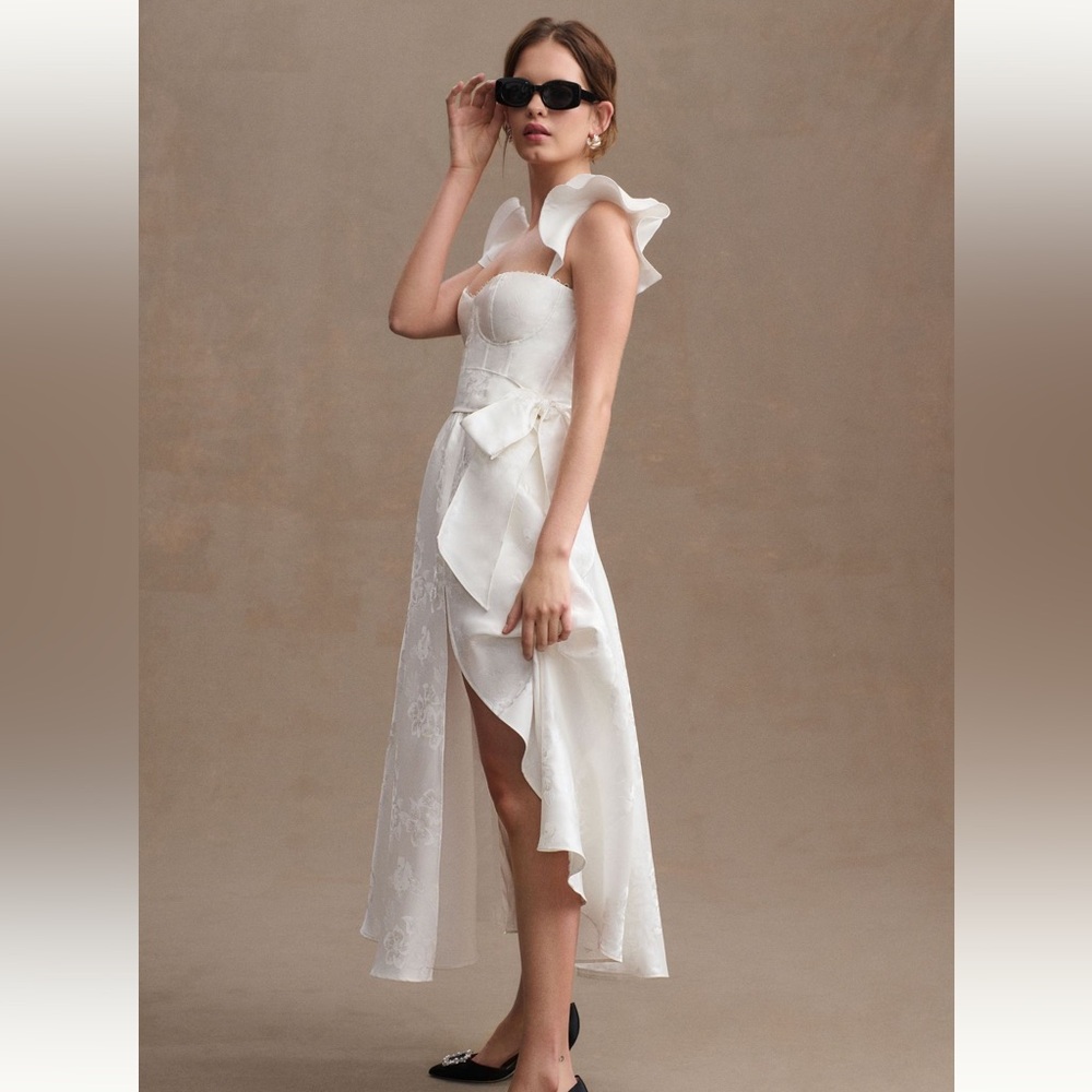 V Chapman Vera Satin Ruffled Sleeve Bustier Dress | Size 6